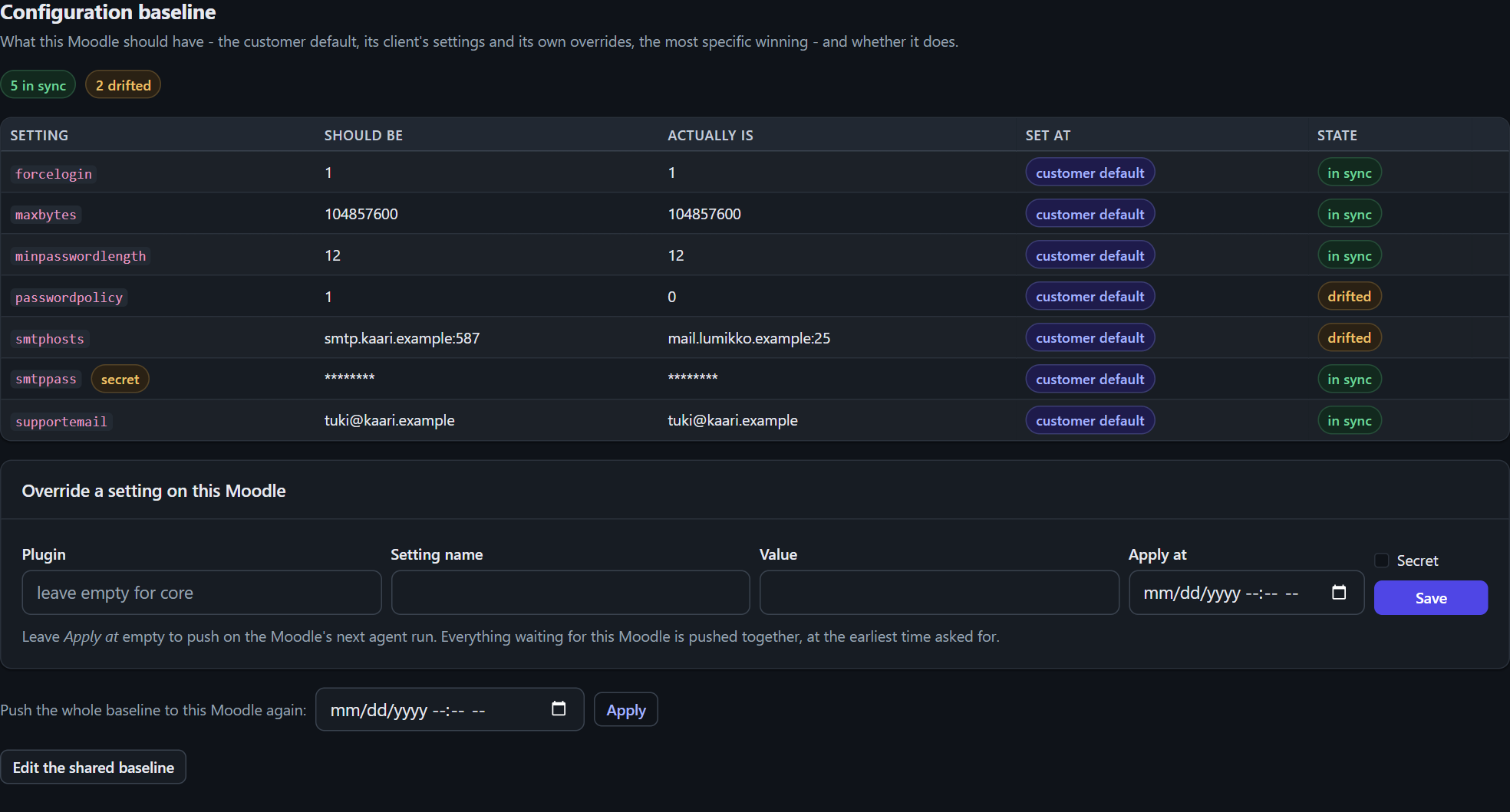 Configuration baseline: 5 in sync, 2 drifted (passwordpolicy and smtphosts)