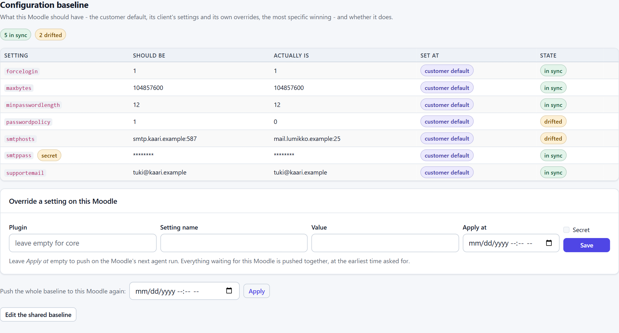 Configuration baseline: 5 in sync, 2 drifted (passwordpolicy and smtphosts)