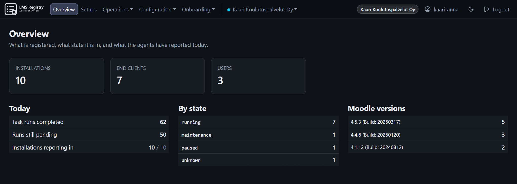 Manage overview: 10 installations, states and Moodle versions