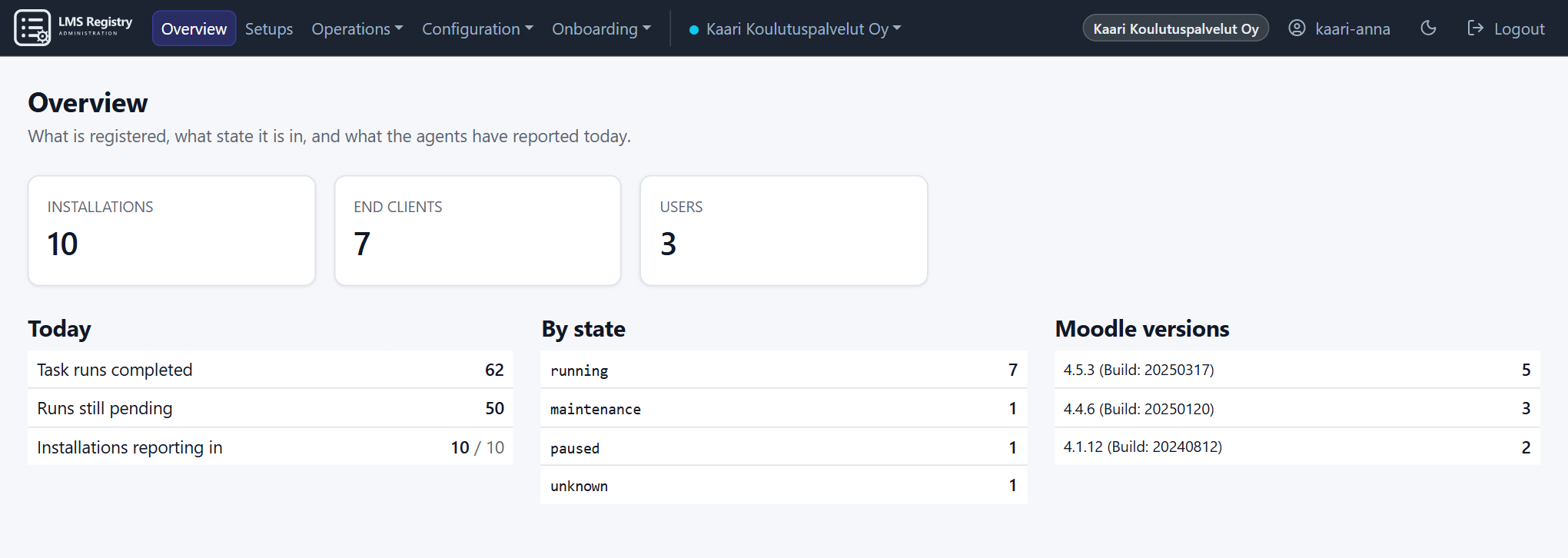 Manage overview: 10 installations, states and Moodle versions